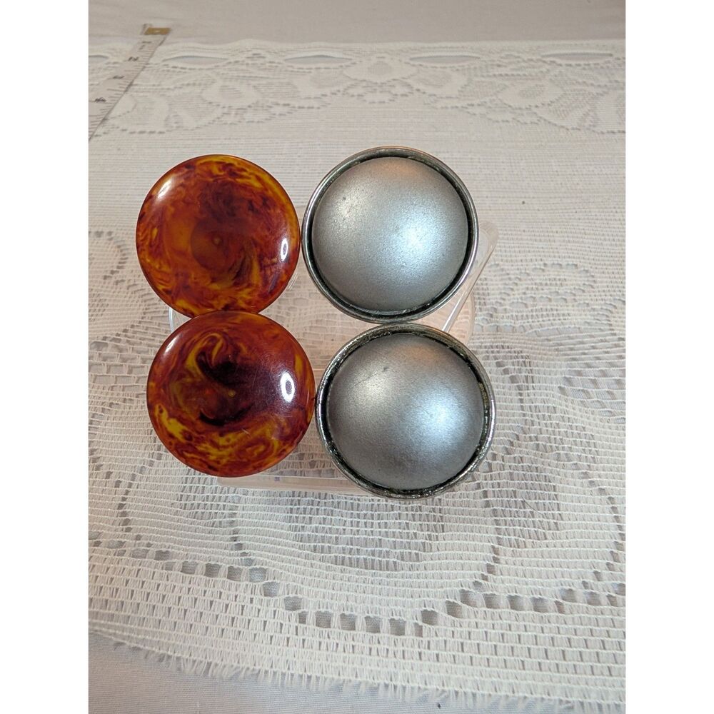 Vintage Faux Tortoiseshell & Satin Silver Tone Oversized Button Clip On Earrings